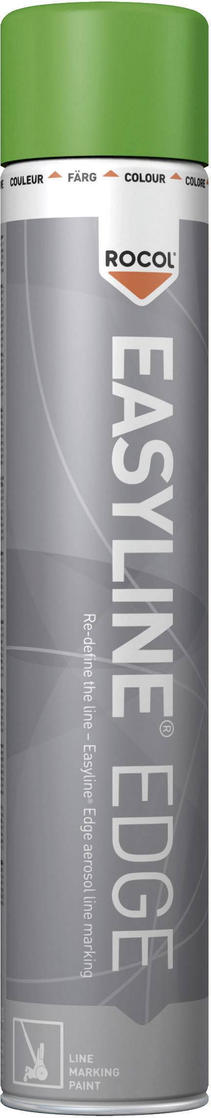 A green aerosol can label from the 'ROCOL' brand with the product name 'EASYLINE EDGE' for marking paint, used for line marking.