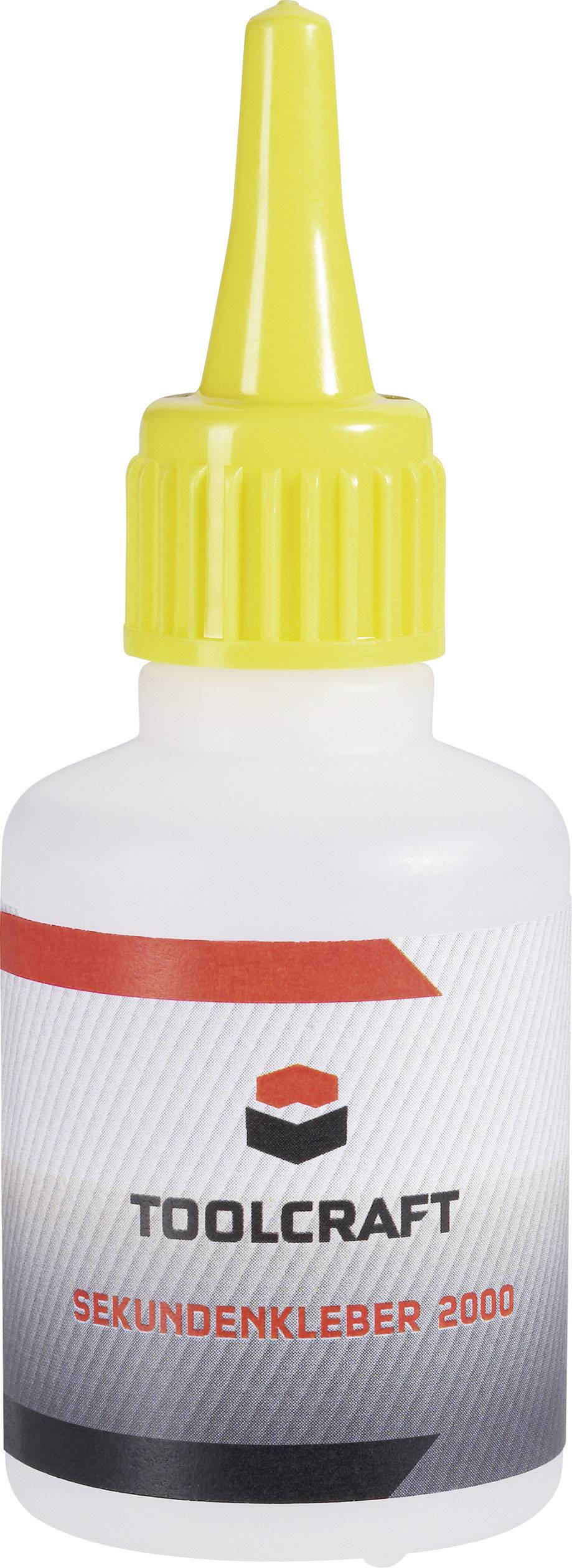 Small bottle with yellow applicator, labelled 'TOOLCRAFT SUPERGLUE 2000'. Contains instant adhesive.