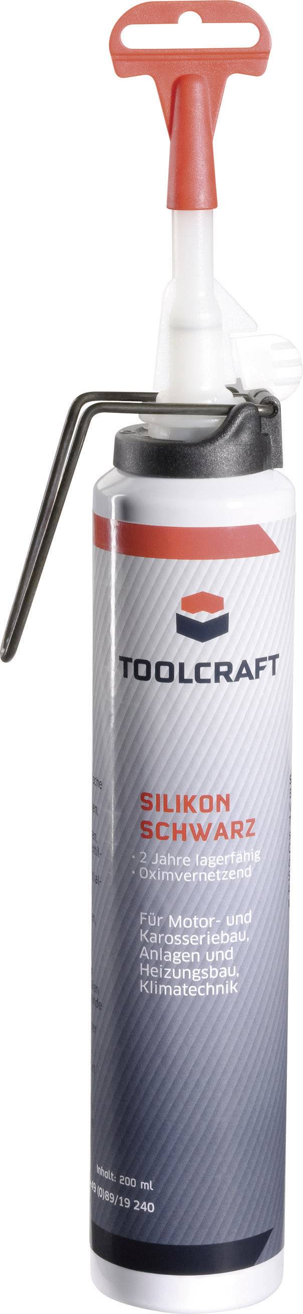 Sealant cartridge by Toolcraft with red lever, labelled 'Black Silicone', 200 ml. For sealing applications in motors and machinery.