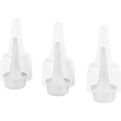 Three white plastic nozzles in a row. Each has a cone-shaped tip and a wide base. They appear to be identical.