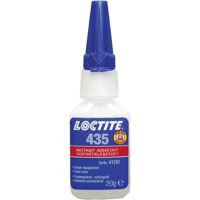 Kleber bottle with blue cap, inscription 'Loctite 435', 'Instant Adhesive', 20g. Contains information about rapid curing and transparency.