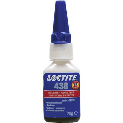 A bottle of Loctite 438 instant adhesive. The white label with blue and red text displays product information and weight (20g).