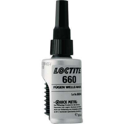'Loctite 660 Bonding Shaft-Hub', a 50 ml bottle with nozzle. Text: 'Quick Metal - Repair of Bearings, Bushes and Housings.'