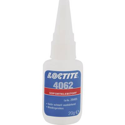 Loctite 4062 Instant Adhesive Bottle with blue and red labelling; note on rapid curing and low viscosity, contents 20g.