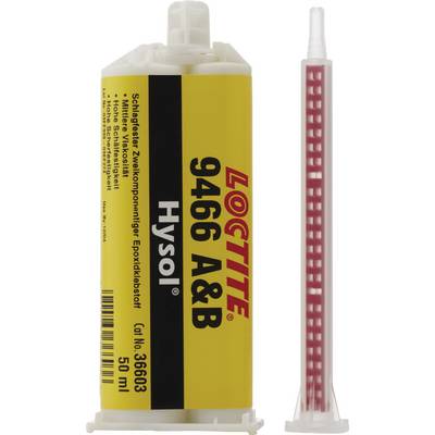 A cartridge with a yellow label of 'Loctite 9466 A&B', epoxy adhesive, 50 ml. Packaged with a mixing nozzle for application.