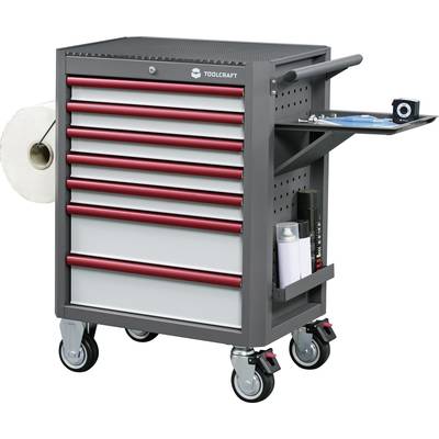 Tool trolley with six drawers, paper roll holder and side shelf. Ideal for storing and organising tools.