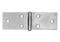 Metal hinge, flat-lying, silver-coloured, with five fixing holes. Used for doors or flaps.