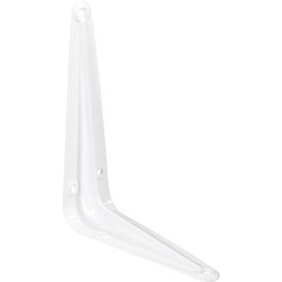 A white metal shelf bracket angle with three mounting holes, for wall mounting.
