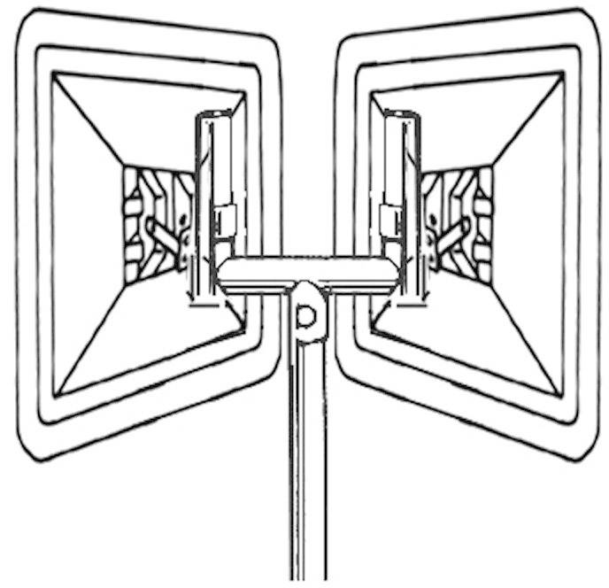 Drawing of two antennas facing each other, connected by a pole, with rectangular parabolic reflectors.