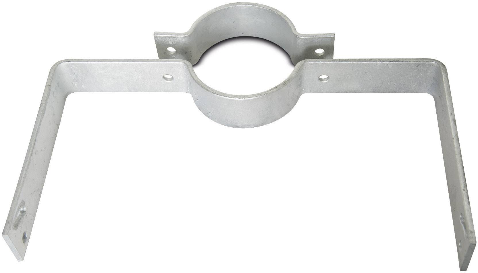 U-shaped metal pipe clip in galvanised steel, with four screw holes for mounting. Suitable for pipe supports.