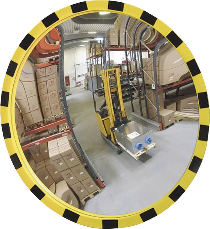 In a safety convex mirror, a warehouse with stacked boxes and a forklift transporting pallets can be seen.