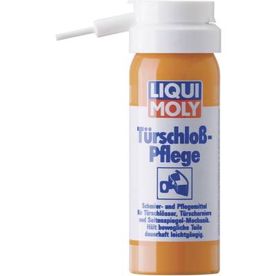A tin of 'Liqui Moly Door Lock Care', a lubricant for door locks, with a white spray nozzle.