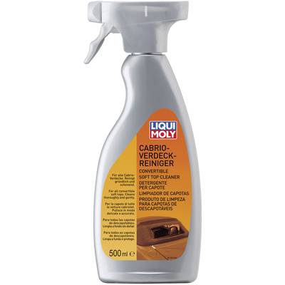 Spray bottle containing 'Liqui Moly Convertible Hood Cleaner', 500 ml. Described for cleaning convertible roofs in multiple languages.