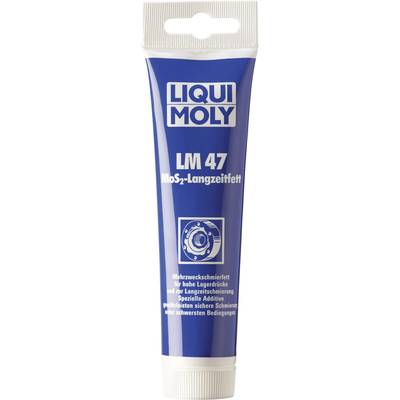Blue tube container with white text 'LIQUI MOLY LM 47 MoS2 Long-Term Grease', specified for multi-purpose and long-term lubrication.
