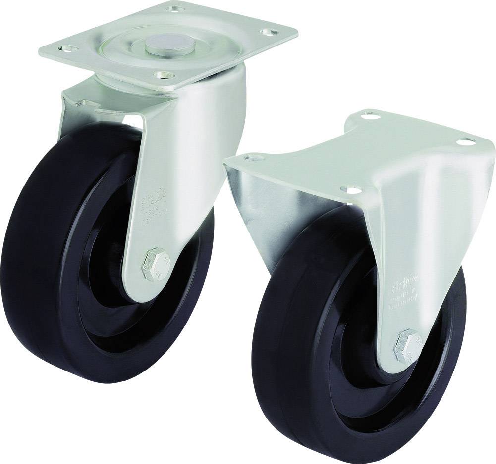 Two heavy black wheels with silver mountings, one with a braking mechanism, on a white background.