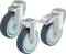 Three swivel transport castors made of metal and rubber, connected by a metal bracket. Ideal for furniture or wheeled movement.
