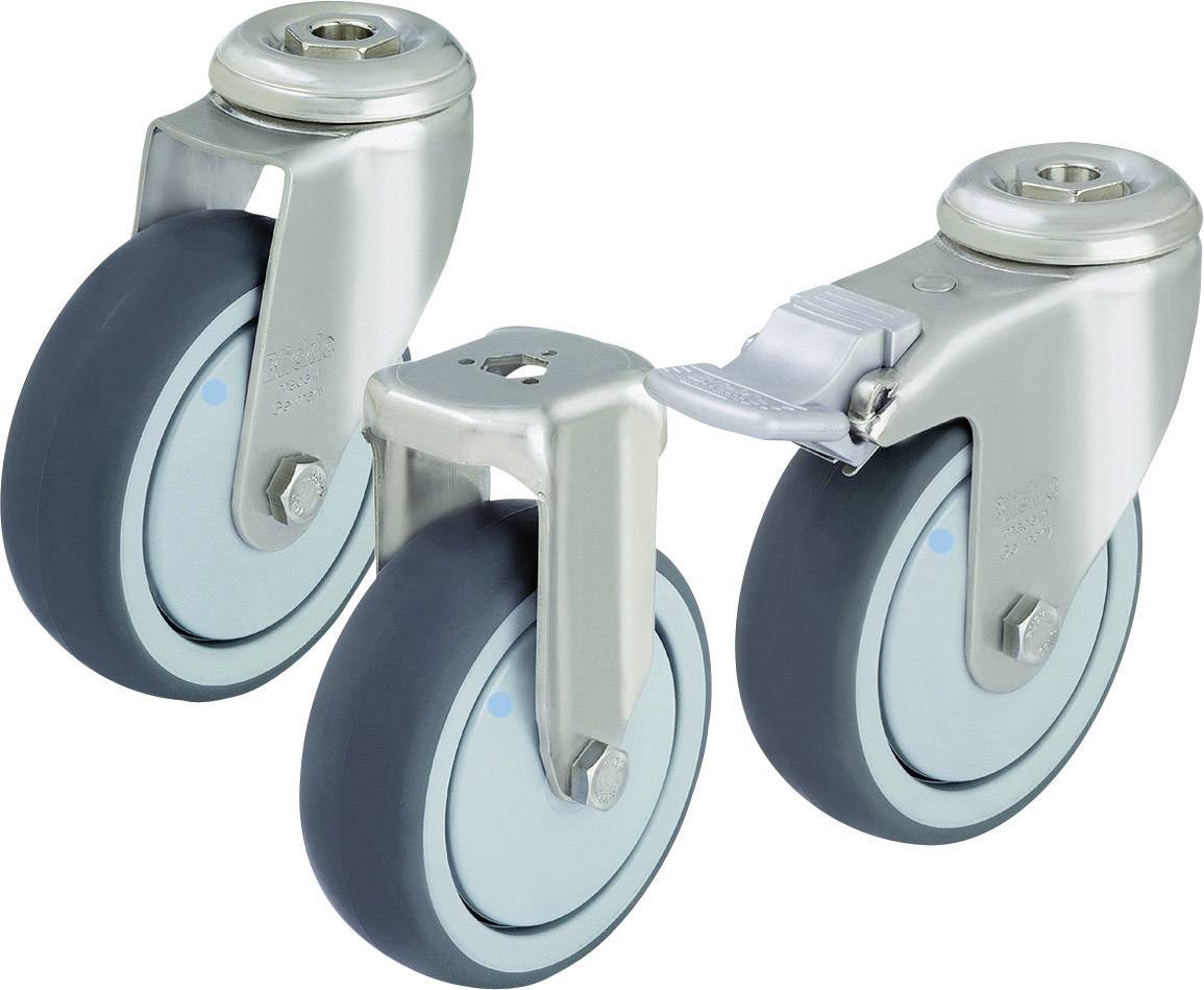 Two metal castors with grey rubber wheels, one with a brake. Suitable for use on furniture or industrial equipment.