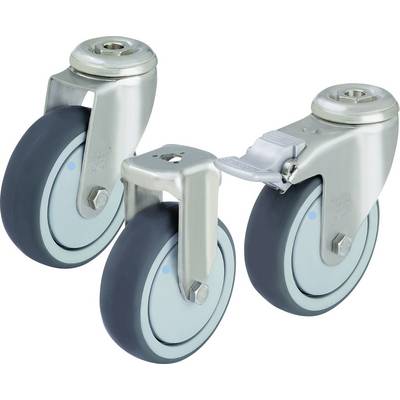 'Three grey castors with metal housing, mounted in a sturdy bracket, suitable for furniture or industrial equipment.'