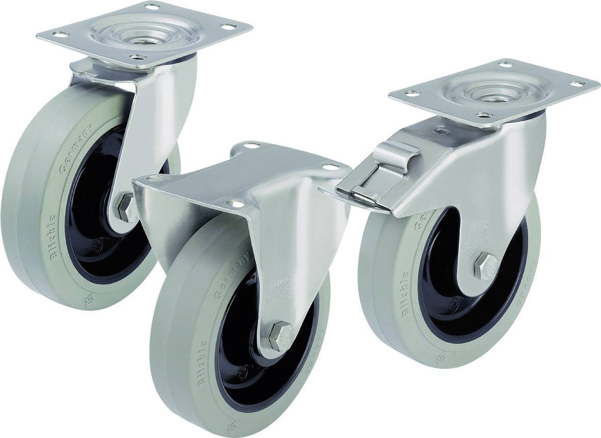Three heavy-duty grey transport wheels with mountings, two of which are swivel castors and one is fixed. They are suitable for industrial applications.