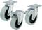 Three grey heavy-duty castors with metal mounting plates, two without and one with a brake, on a light background.