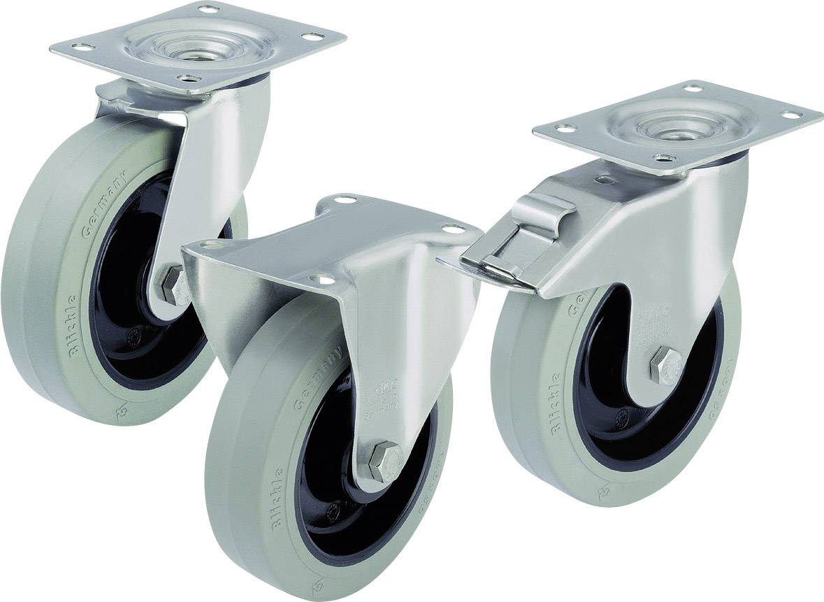 Three robust metal castors with grey rubber wheels, suitable for industrial applications.
