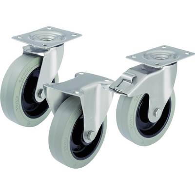 Three robust metal castors with grey rubber wheels, suitable for industrial applications.