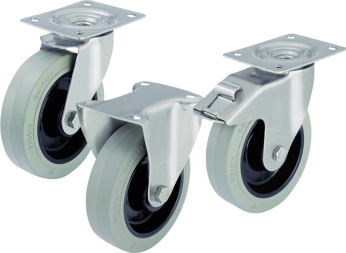 Three grey transport castors with metal housing, two with swivel joint and one with fixed joint. Ideal for furniture or equipment movement.