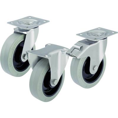 Three grey transport castors with metal housing, two with swivel joint and one with fixed joint. Ideal for furniture or equipment movement.