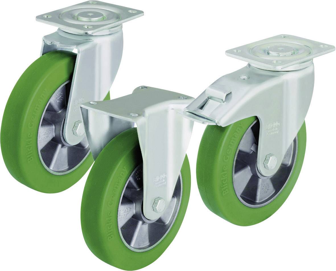 Three green castors with metal housing stand side by side. They are suitable for use on furniture or transport equipment.