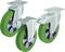 Three green castors with metal housing stand side by side. They are suitable for use on furniture or transport equipment.