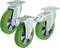 Two green castor wheels with silver mounting on a white surface.