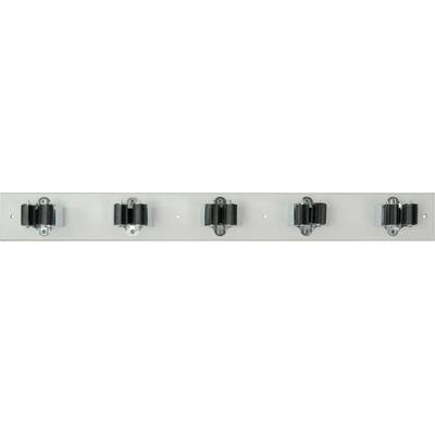 Five wall brackets for securing brooms or tools, evenly distributed across a metal plate.