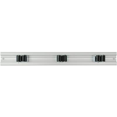 A silver rail system with three black fixing elements.