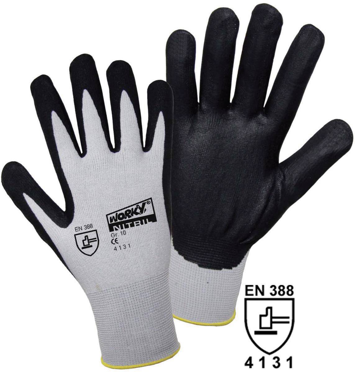 Work gloves made of grey fabric with a black coating on the palm. Logos and markings for EN 388 4131.
