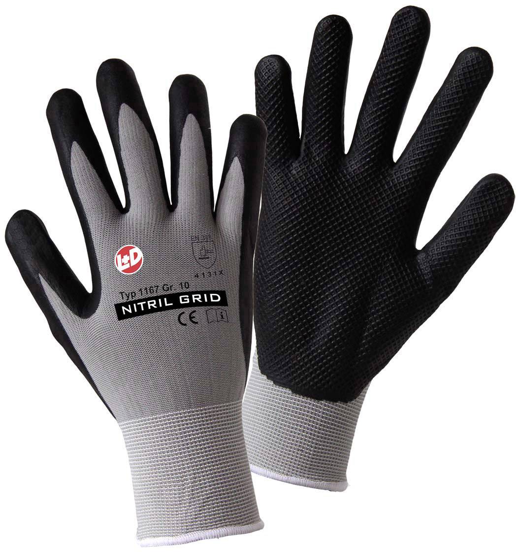 Black nitrile work gloves with a grey back of hand. Suitable for mechanical work, protection against oils and abrasion.