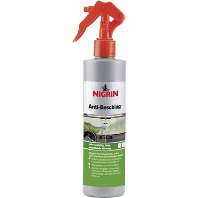 Spray bottle with label 'NIGRIN Anti-Mist'. Contains anti-mist solution for clear car windscreens, effective in all weather conditions.