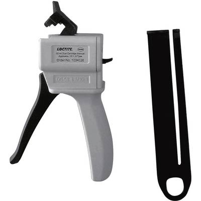 A manual 50 ml double cartridge gun from Loctite, positioned next to a black tool component. Order number visible on the print.