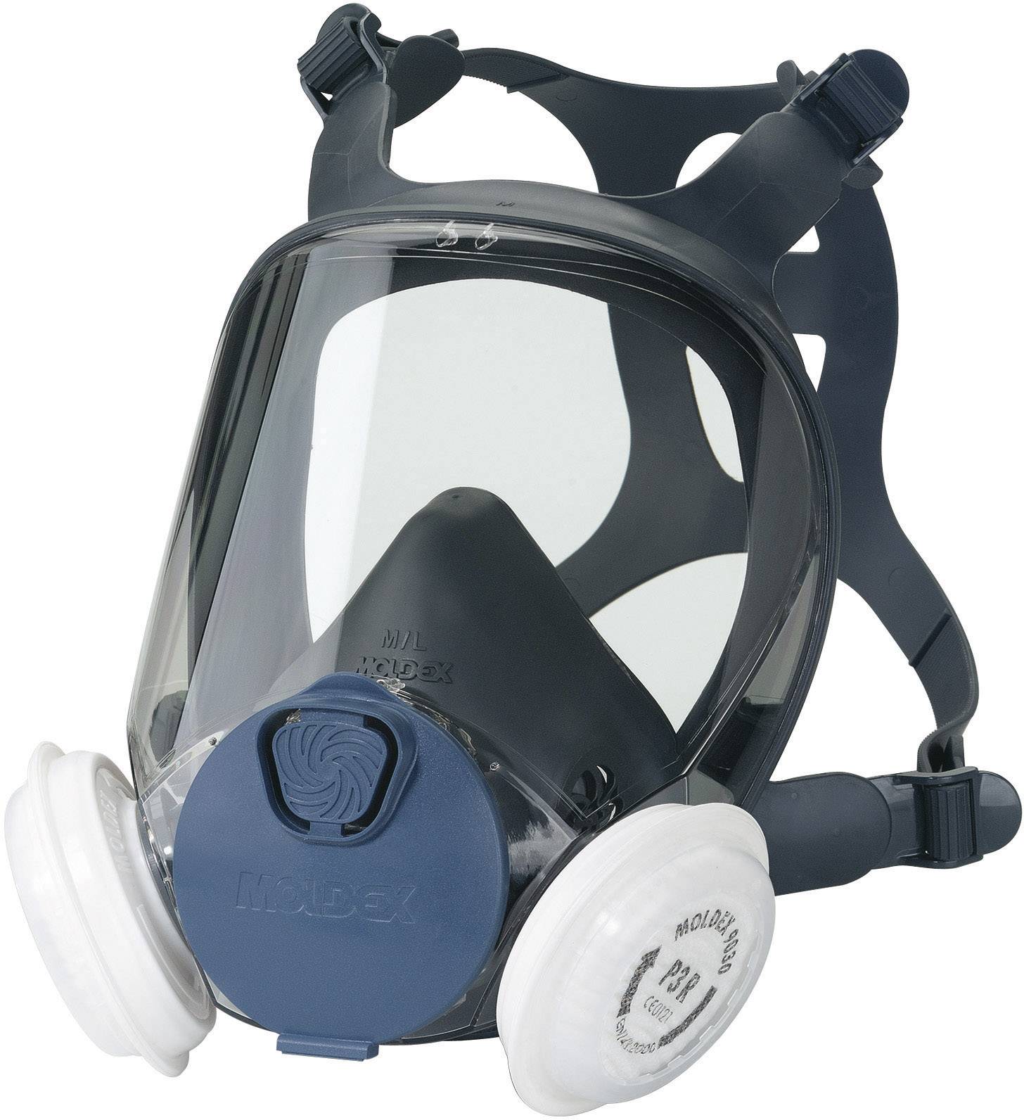 Full-face respirator with two filters on the sides, used to protect against harmful substances in the air.