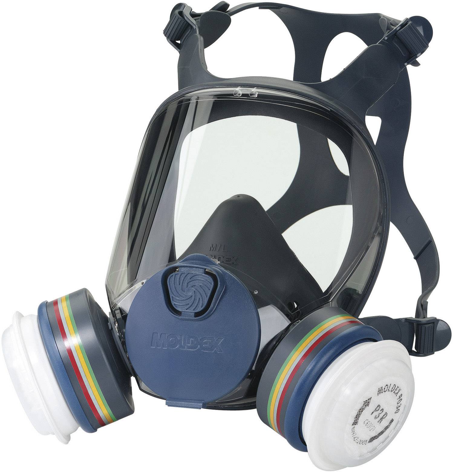 Protective mask with respiratory filters and clear visor, suitable for chemical exposure. Includes adjustable fastenings.