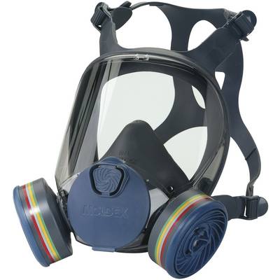 Protective mask with filter inserts and transparent visor, suitable for respiratory protection in hazardous environments.