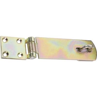 Metal hasp with hinge and eye, suitable for securing doors or chests. Screw holes for fixing are visible.