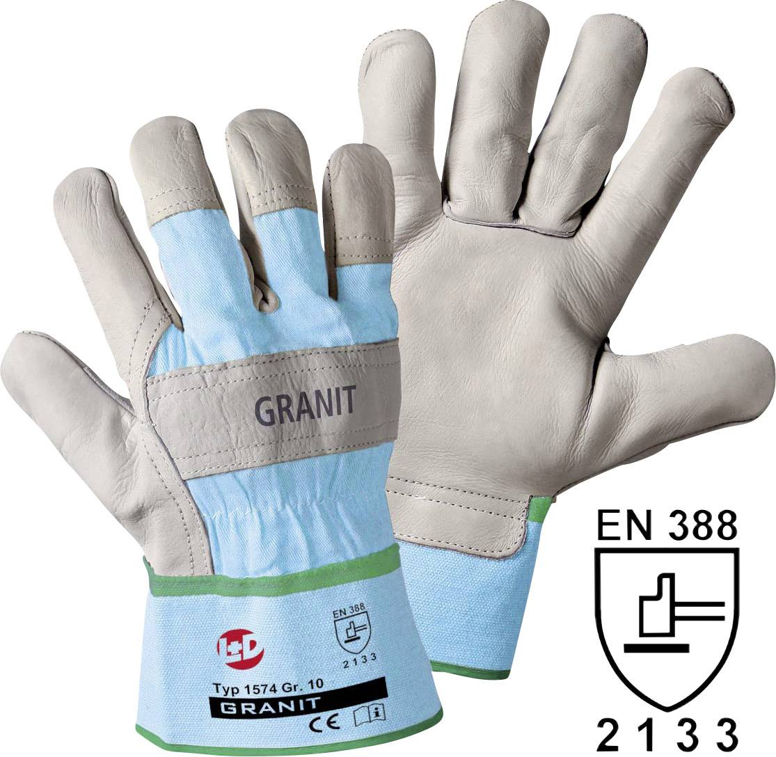 Leather work gloves with 'Granit' inscription, EN 388 standard symbol, provide protection against physical hazards.