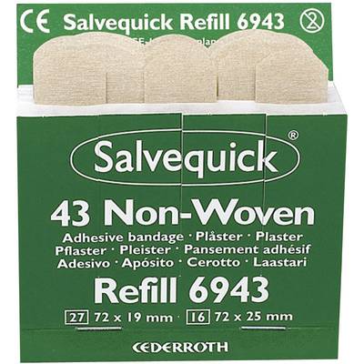 'Salvequick Refill 6943' Plaster Pack, green, contains 43 non-woven plasters in two sizes: 27 (72 x 19 mm), 16 (72 x 25 mm).