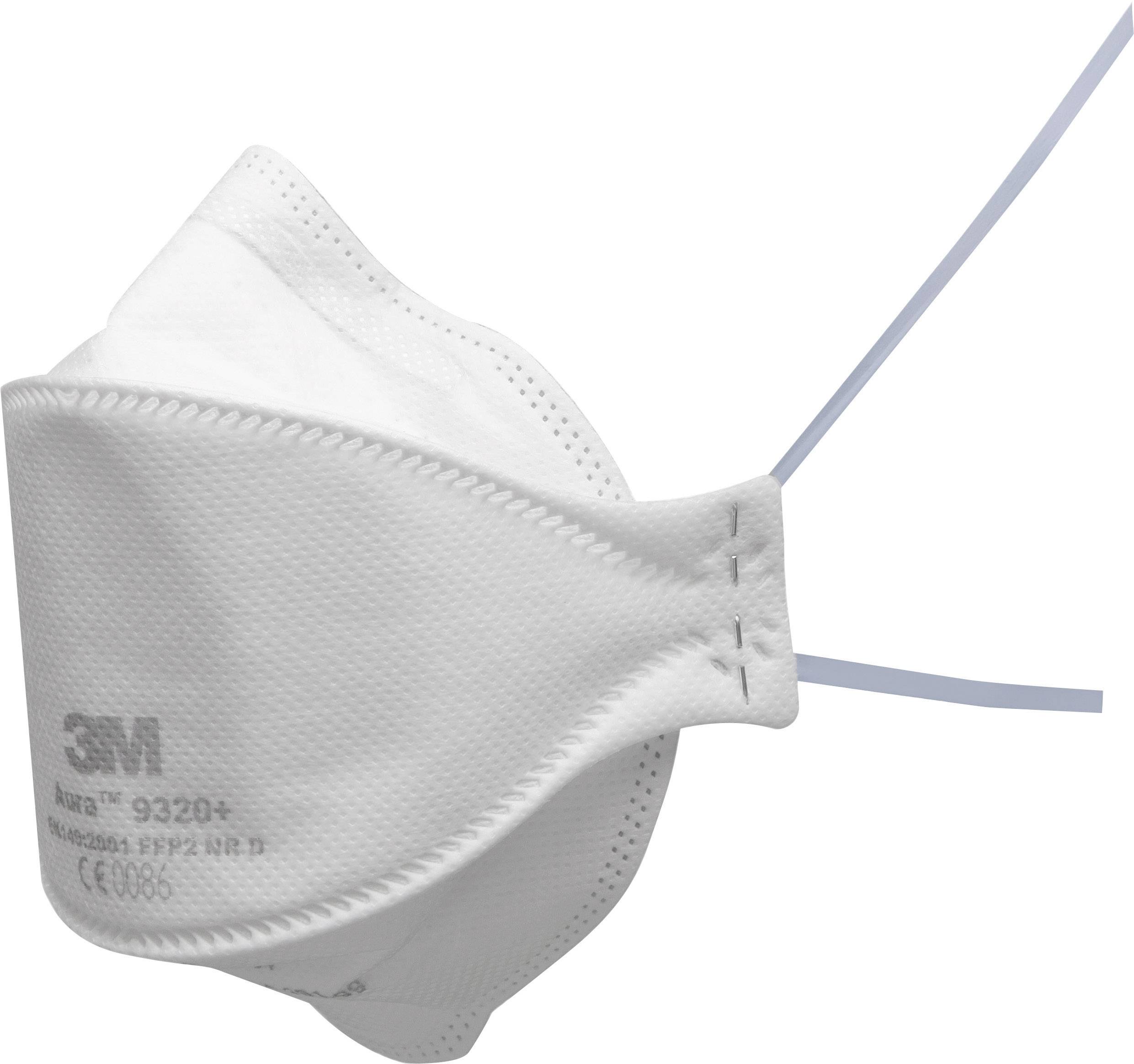A white FFP2 protective face mask, 3M Aura 9320+ model, with elastic straps; side view.
