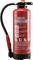 A red fire extinguisher with instructions: 1. Remove safety pin, 2. Press lever, 3. Activate nozzle. Suitable for ABC fires.