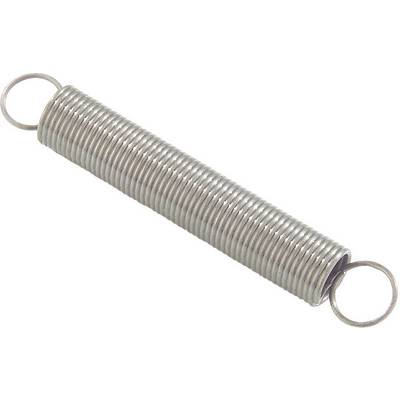 A silver extension spring with rings at both ends lies horizontally.