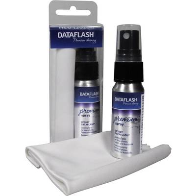 Screen cleaning set with a spray and a white cleaning cloth. Packaging labelled 'Dataflash Premium Cleaning'.