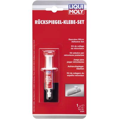 'Rear-View Mirror Adhesive Kit' by LIQUI MOLY, red packaging design with a glue syringe visible. Instructions in multiple languages.