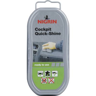 Packaging for 'Nigrin Cockpit Quick-Shine', showing cleaning of a dashboard. Ready to use, suitable for plastic surfaces.