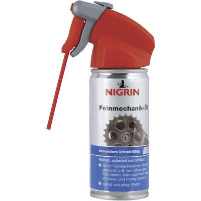 Spray can with red nozzle, brand name 'NIGRIN'. Label indicates that it is suitable for fine mechanisms such as bicycles and sewing machines.